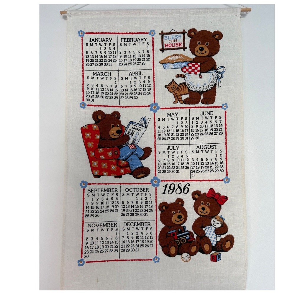 Vtg 1986 Bless This‎ House Mama Papa Baby Bears Calendar Linen Tea Towel